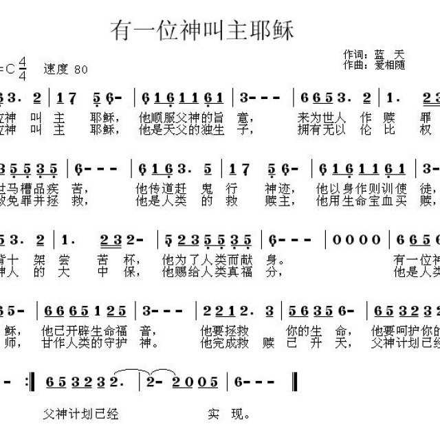 有一位神叫主耶稣 - 蓝天 作词 歌谱 - ^蓝╬天^的